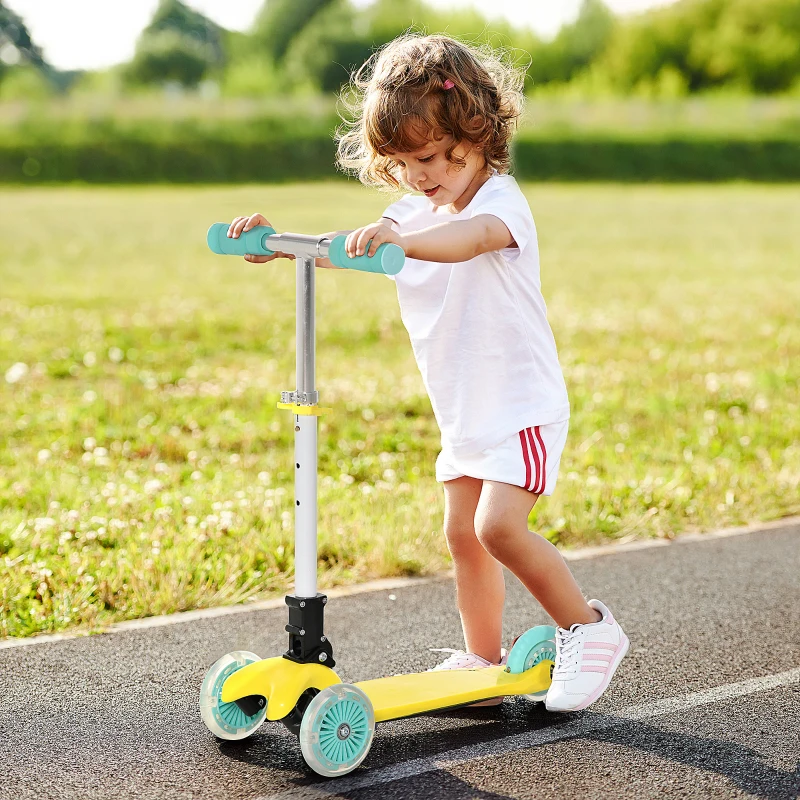 HOMCOM Monopattino Pieghevole e Regolabile con 3 Ruote Illuminate LED per Bambini 3-8 Anni - GIallo e Verde