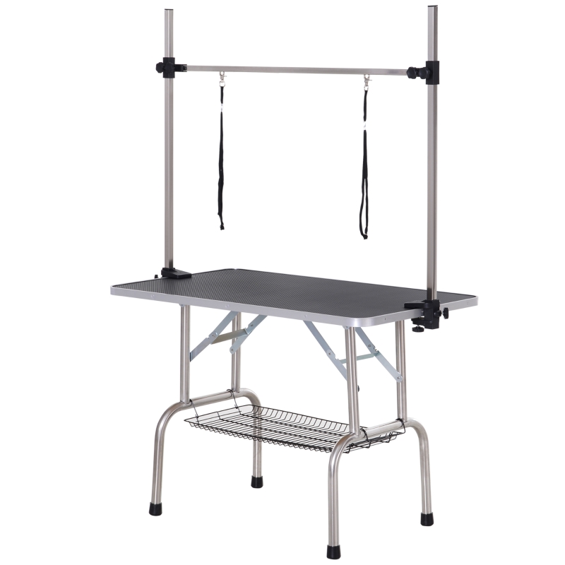 PawHut Dog Grooming Table Dogs Adjustable Height Rubber Top Dog Baths Safety Slings Mesh Storage Basket Metal Black