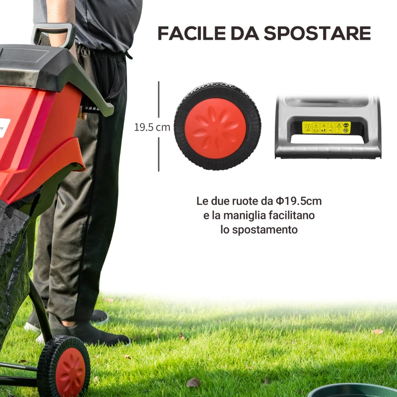 Outsunny Biotrituratore Elettrico da Giardino con Sacco da 50L, Paletta e Ruote, Trituratore da Giardino 52x39x89cm