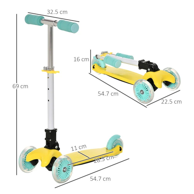 HOMCOM Monopattino Pieghevole e Regolabile con 3 Ruote Illuminate LED per Bambini 3-8 Anni - GIallo e Verde