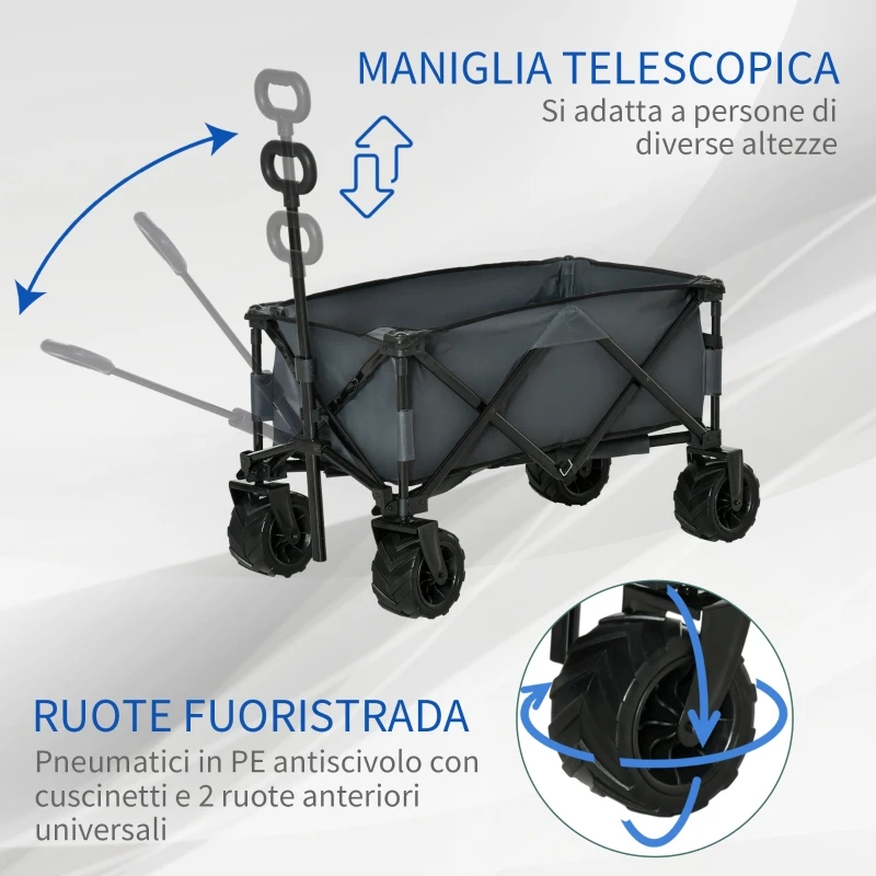 Outsunny Carrello da Giardino Carico max 70kg con Maniglia Telescopica, in Metallo e Tessuto Oxford, 108x55 cm, Grigio