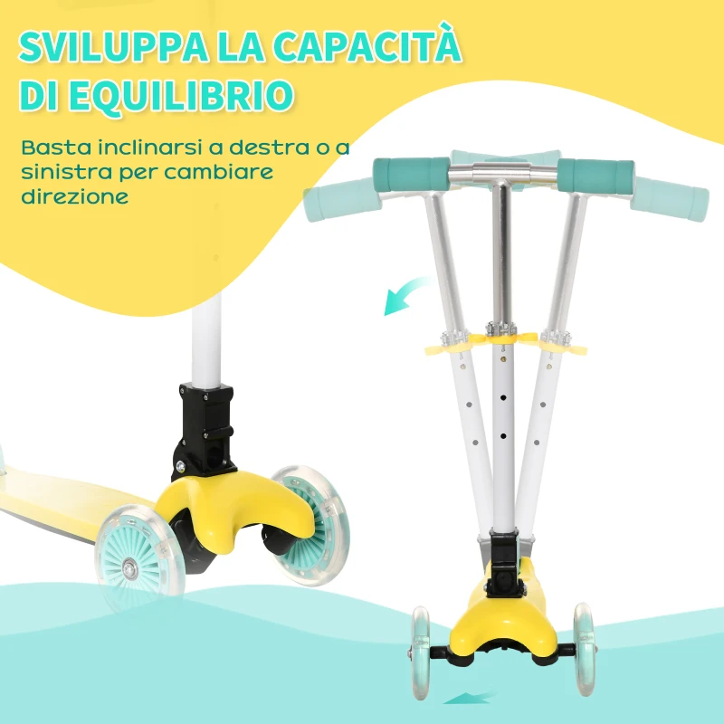 HOMCOM Monopattino Pieghevole e Regolabile con 3 Ruote Illuminate LED per Bambini 3-8 Anni - GIallo e Verde