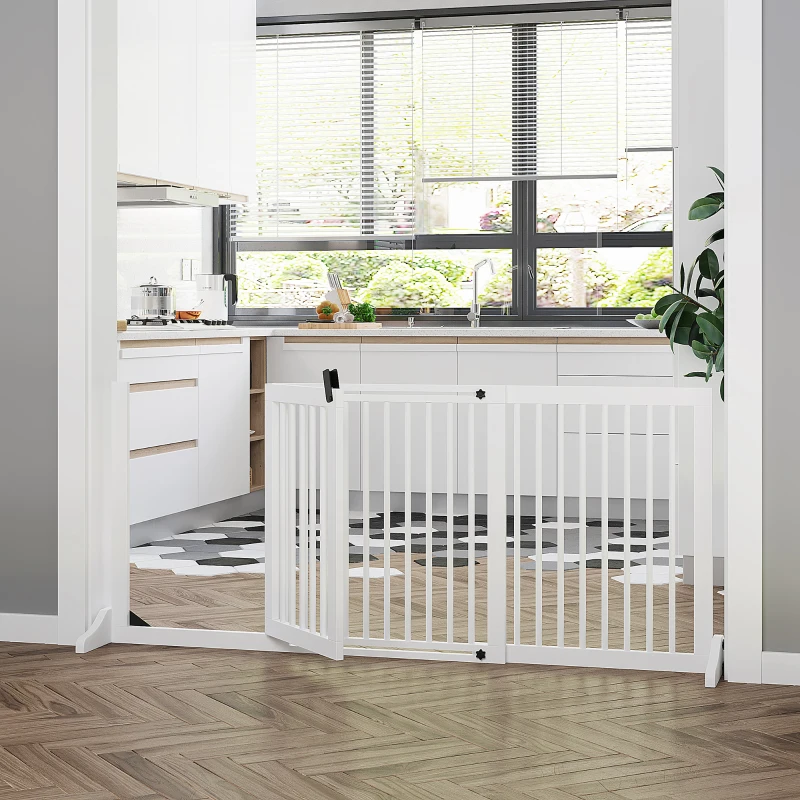 PawHut Dog Gate Freestanding Pine Wood Lockable White