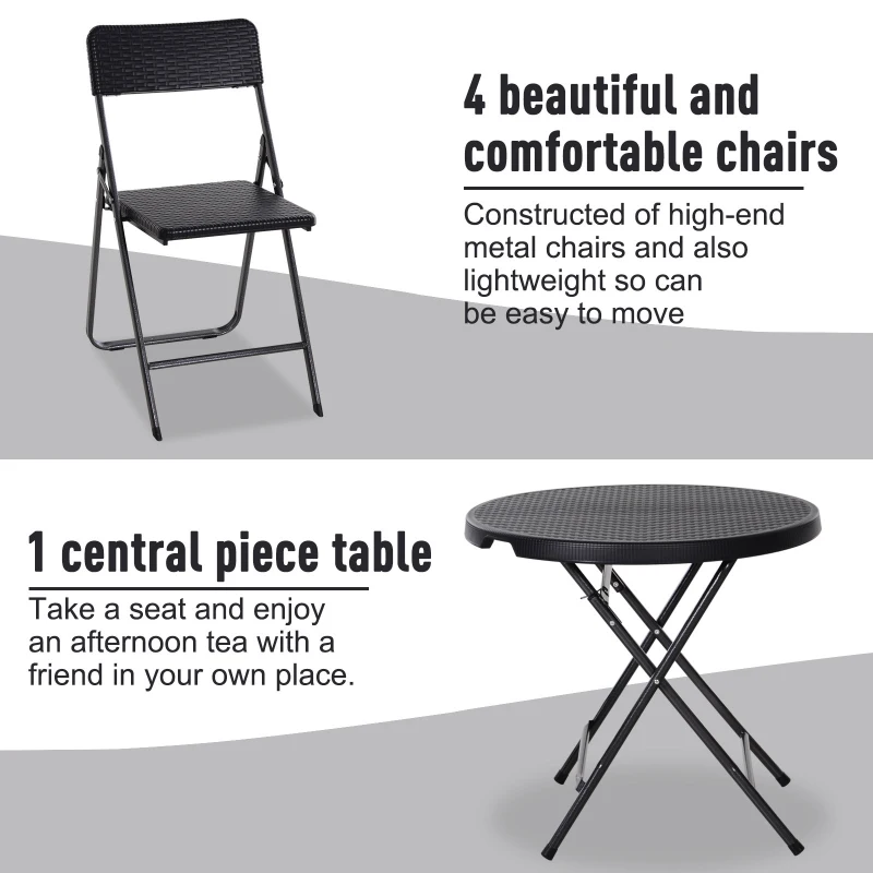Outsunny 5 PCS Rattan Effect Folding Garden Patio Dining Set  4 Chairs & 1 Table Outdoor Furniture Set - Black