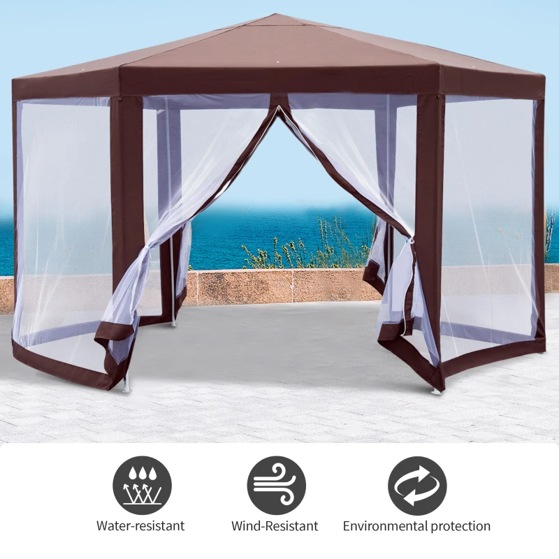 Outsunny Hexagonal Garden Gazebo Patio Party Outdoor Canopy Tent Sun Shelter with Mosquito Netting and Zipped Door, Brown