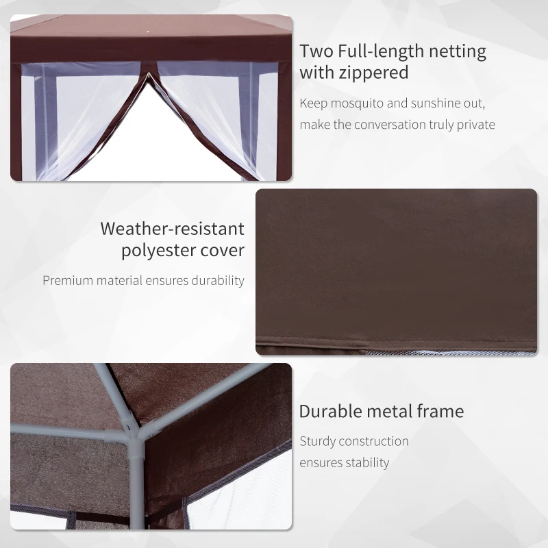 Outsunny Hexagonal Garden Gazebo Patio Party Outdoor Canopy Tent Sun Shelter with Mosquito Netting and Zipped Door, Brown