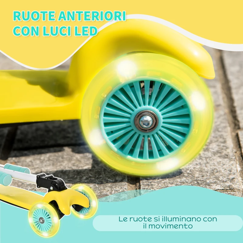 HOMCOM Monopattino Pieghevole e Regolabile con 3 Ruote Illuminate LED per Bambini 3-8 Anni - GIallo e Verde