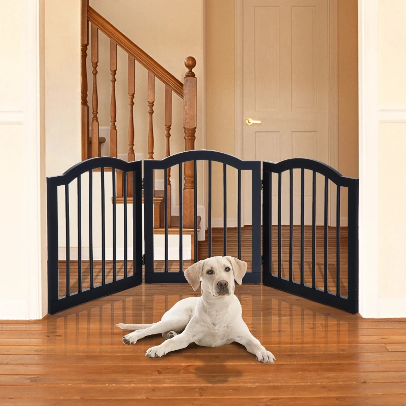 PawHut Wooden Foldable Dog Gate Panel Pet Fence Freestanding Safety Barrier for the House, Doorway, Stairs (Black)