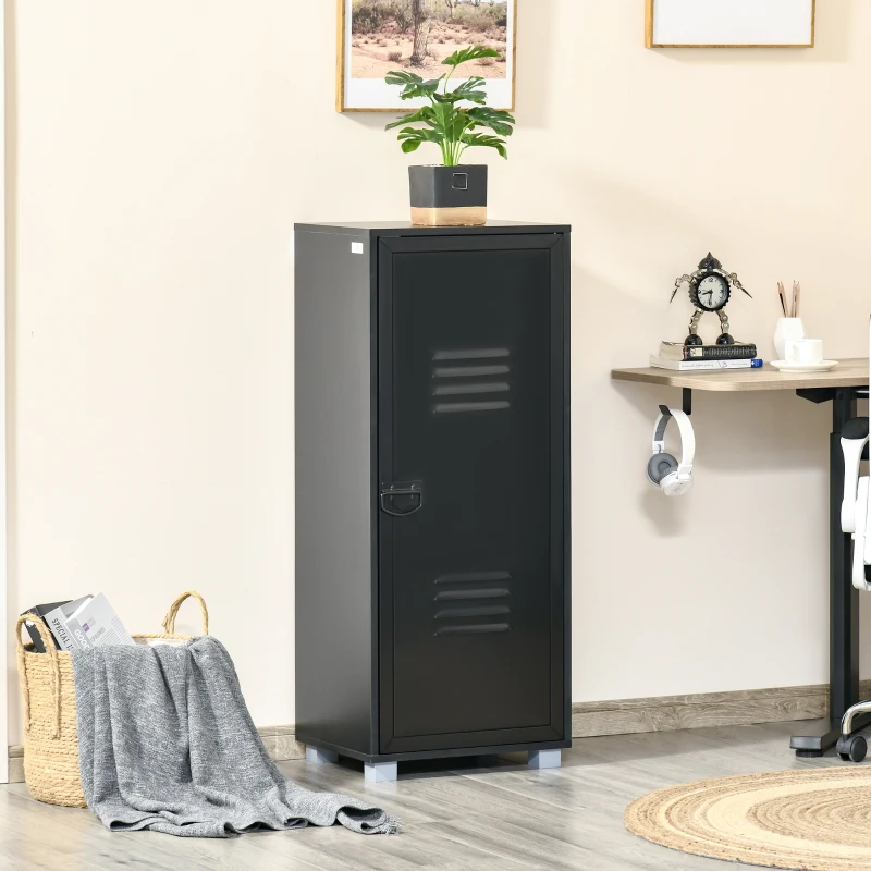 HOMCOM Modern 3-Tier File Cabinet, Storage Organizer with Metal Louvred Door for Living Room, Study, Playroom, Black