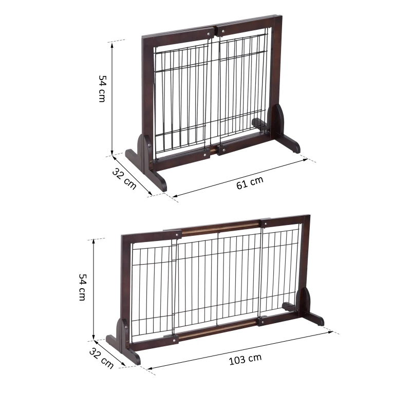 PawHut Free Standing Dog Gate, Adjustable 61 -103 (cm) Indoor Barrier, Flexible Pet Fence, Secure Separation Guard, with Support Feet, for small dog, Brown