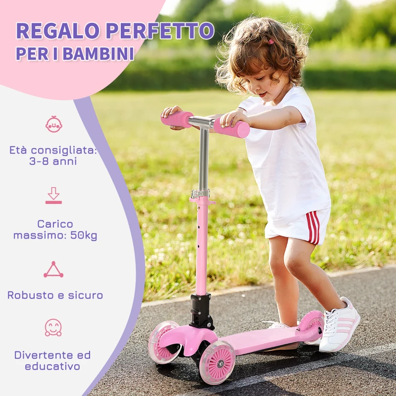 HOMCOM Monopattino Pieghevole e Regolabile con 3 Ruote Illuminate LED per Bambini 3-8 Anni - Rosa