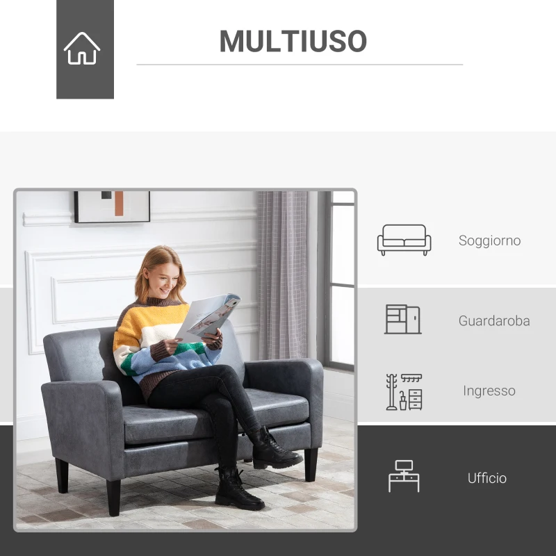 HOMCOM Divano 2 Posti con Rivestimento in Tessuto Tecnologico, Arredamento Moderno per Soggiorno e Ufficio, 122x72x74 cm, Grigio