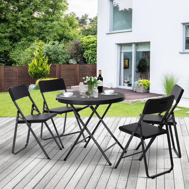 Outsunny 5 PCS Rattan Effect Folding Garden Patio Dining Set  4 Chairs & 1 Table Outdoor Furniture Set - Black