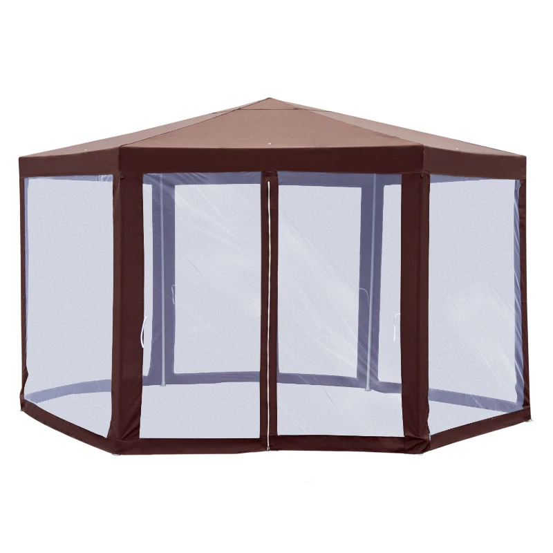 Outsunny Hexagonal Garden Gazebo Patio Party Outdoor Canopy Tent Sun Shelter with Mosquito Netting and Zipped Door, Brown