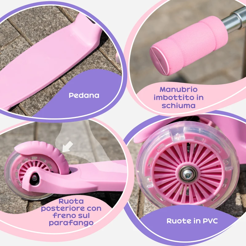 HOMCOM Monopattino Pieghevole e Regolabile con 3 Ruote Illuminate LED per Bambini 3-8 Anni - Rosa
