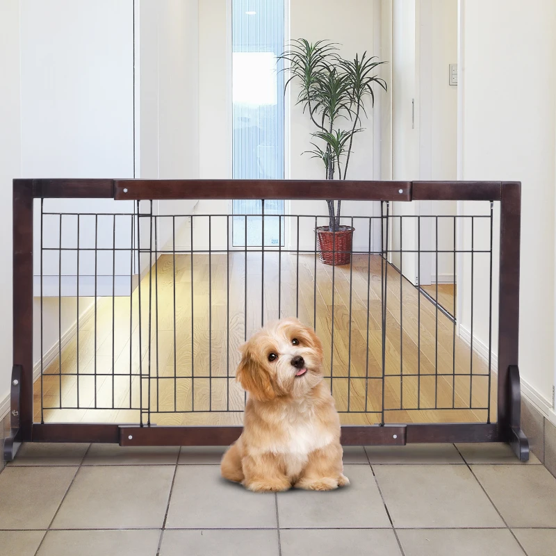 PawHut Free Standing Dog Gate, Adjustable 61 -103 (cm) Indoor Barrier, Flexible Pet Fence, Secure Separation Guard, with Support Feet, for small dog, Brown