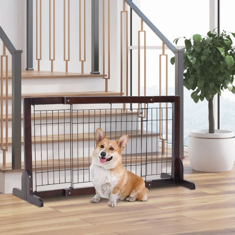 PawHut Free Standing Dog Gate, Adjustable 61 -103 (cm) Indoor Barrier, Flexible Pet Fence, Secure Separation Guard, with Support Feet, for small dog, Brown