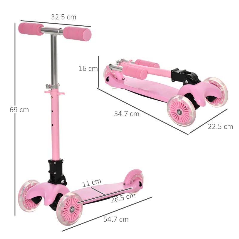 HOMCOM Monopattino Pieghevole e Regolabile con 3 Ruote Illuminate LED per Bambini 3-8 Anni - Rosa