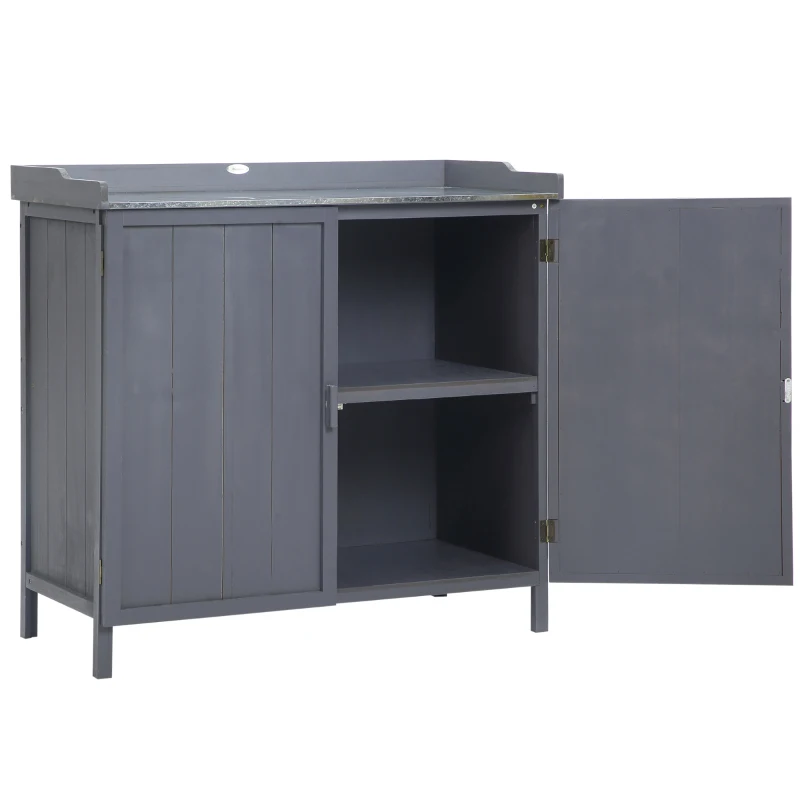 Outsunny Garden Storage Cabinet, Outdoor Tool Shed, Potting Bench Table with Galvanized Top and Two Shelves for Yard Tools or Pool Accessories, Grey
