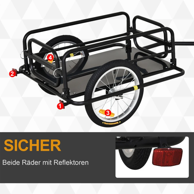 HOMCOM Fietskar Aanhangwagen voor fiets 40 kg laadvermogen Transportkar Handkar Trekhaak Staal Zwart 139 x 71,5 x 49 cm(m-4)