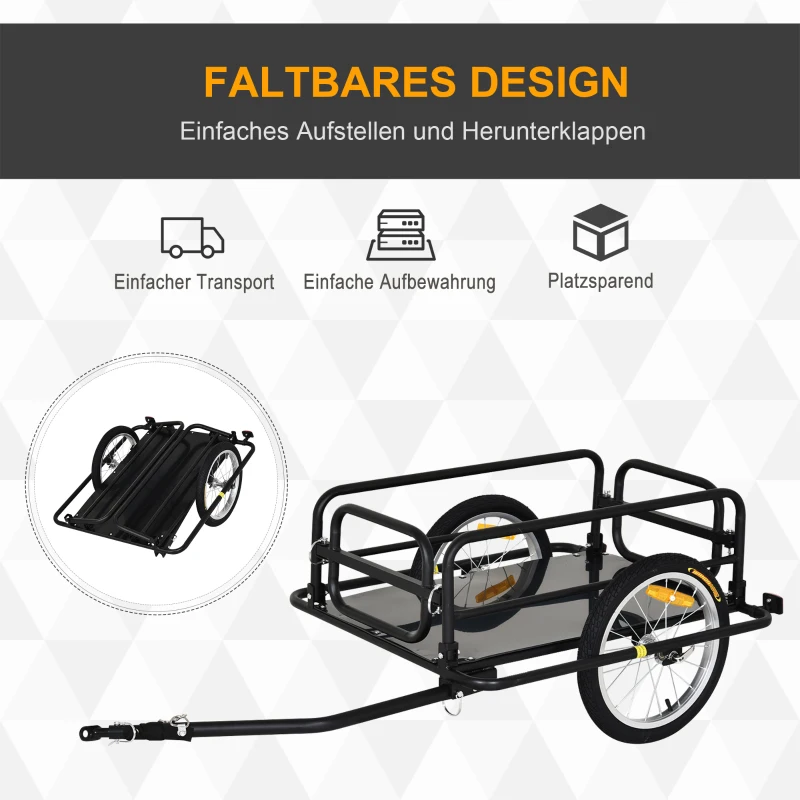 HOMCOM Fietskar Aanhangwagen voor fiets 40 kg laadvermogen Transportkar Handkar Trekhaak Staal Zwart 139 x 71,5 x 49 cm(m-5)