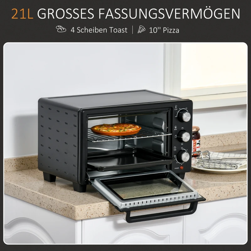 HOMCOM mini-oven 21 l met 1 rooster en 1 bakplaat 3 kookstanden instelbare temperatuur oven 1400W metaal RVS gehard glas zwart + zilver 46,4 x 38 x 28,5 cm(m-4)