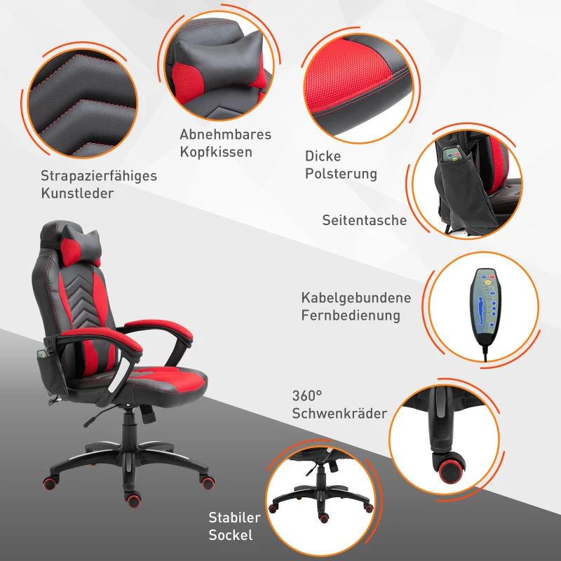 HOMCOM Bureaustoel Massagestoel met 6 Vibratiepunten Ergonomische Gamingstoel met Verwarmingsfunctie Kunstleer Rood 68 x 69 x 108-117cm