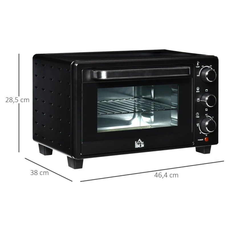HOMCOM mini-oven 21 l met 1 rooster en 1 bakplaat 3 kookstanden instelbare temperatuur oven 1400W metaal RVS gehard glas zwart + zilver 46,4 x 38 x 28,5 cm(m-3)