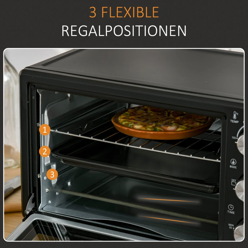 HOMCOM mini-oven 21 l met 1 rooster en 1 bakplaat 3 kookstanden instelbare temperatuur oven 1400W metaal RVS gehard glas zwart + zilver 46,4 x 38 x 28,5 cm(m-5)