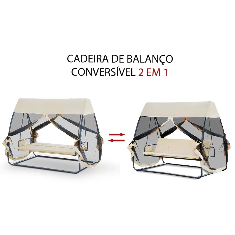 Outsunny Baloiço de Jardim de 3 Lugares Convertível em Cama com Rede Mosquiteira para Terraço Balcão Exterior Carga Máxima 300kg 240x140x197cm Creme