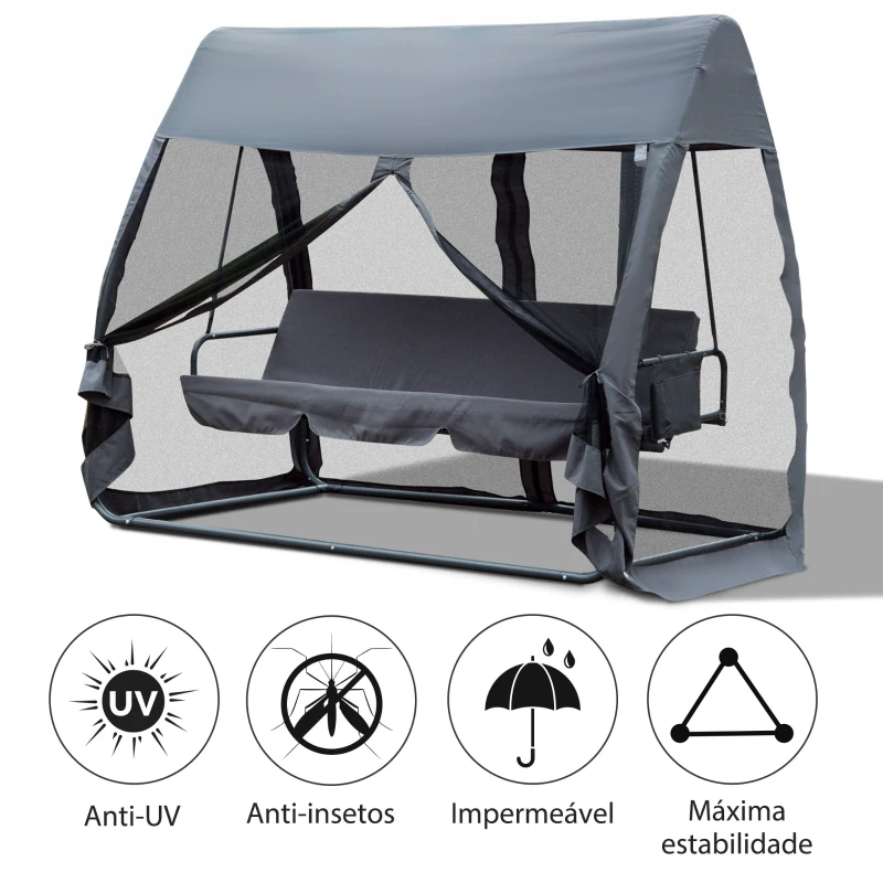 Outsunny Baloiço de Jardim de 3 Lugares Convertível em Cama com Rede Mosquiteira Carga Máxima 300kg 240x140x197cm Cinza
