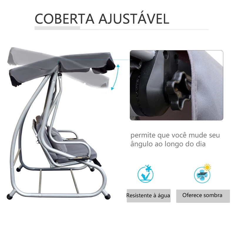 Outsunny Banco Baloiço Jardim 3 Lugares Convertível em Cama com Teto Ajustável e Bandeja para Bebidas 200x120x164 cm Cinza