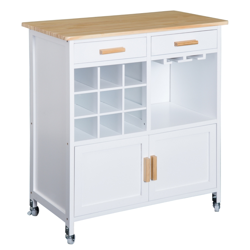 HOMCOM Carrinho de Cozinha Auxiliar com Rodas Carrinho de Cozinha com 2 Gavetas Suporte para 9 Garrafas Suporte para Taças Prateleira Aberta e Armário 76x40x88cm Branco
