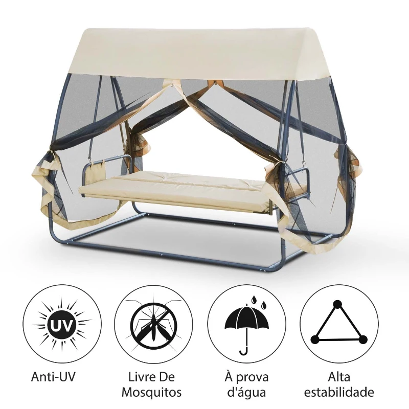 Outsunny Baloiço de Jardim de 3 Lugares Convertível em Cama com Rede Mosquiteira para Terraço Balcão Exterior Carga Máxima 300kg 240x140x197cm Creme