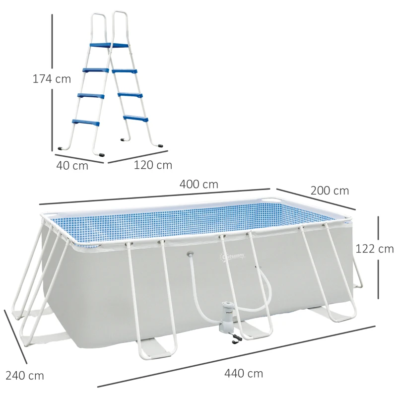 Outsunny Piscina Supraterana Dreptunghiulara cu Pompa Filtru si Scara Incluse, 440x240x122cm, Gri
