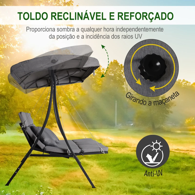 Outsunny Baloiço de Jardim de 3 Lugares com Toldo Ajustável Baloiço de Exterior com Toldo Almofadas para Jardim Terraço Carga Máxima 270kg 200x115x168cm Cinza