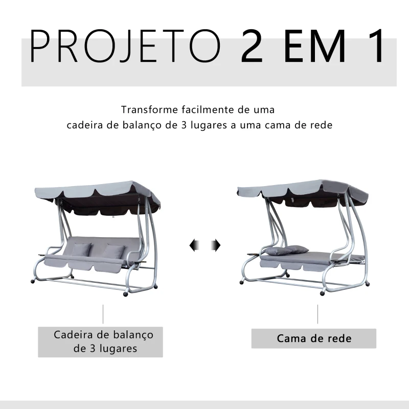 Outsunny Banco Baloiço Jardim 3 Lugares Convertível em Cama com Teto Ajustável e Bandeja para Bebidas 200x120x164 cm Cinza