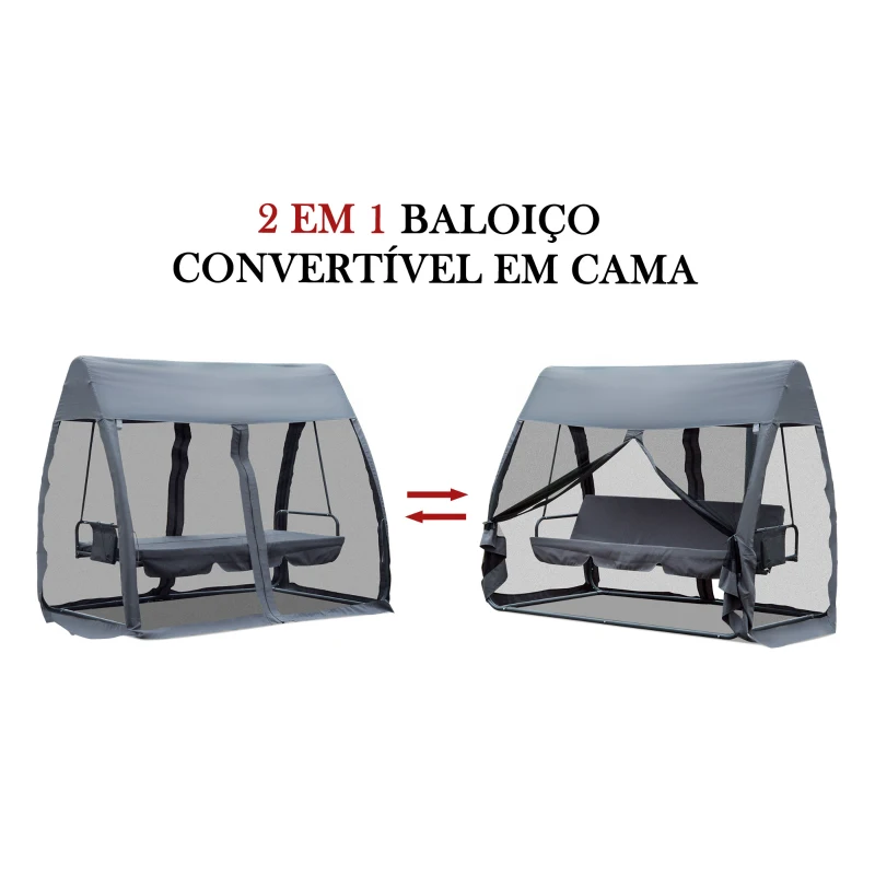 Outsunny Baloiço de Jardim de 3 Lugares Convertível em Cama com Rede Mosquiteira Carga Máxima 300kg 240x140x197cm Cinza