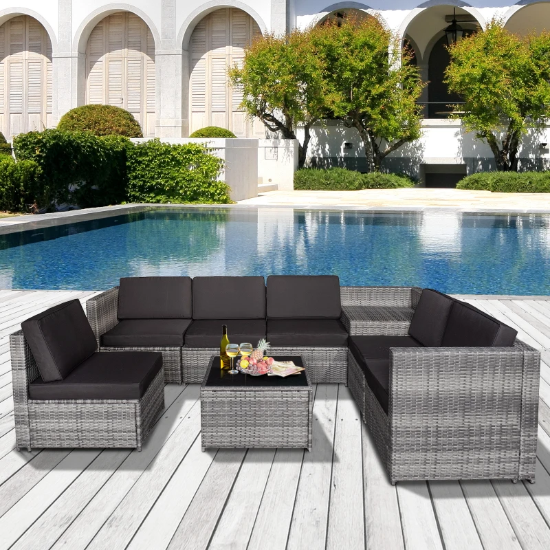 Outsunny 6-Seater Rattan Sofa Furniture Set W/ Cushions, Steel Frame-Grey