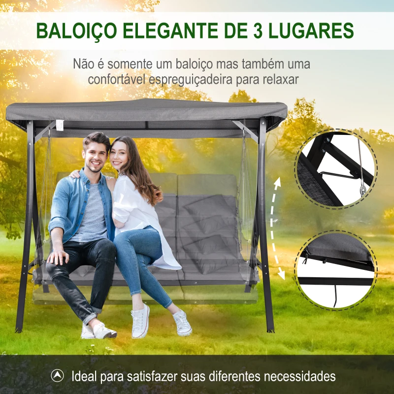 Outsunny Baloiço de Jardim de 3 Lugares com Toldo Ajustável Baloiço de Exterior com Toldo Almofadas para Jardim Terraço Carga Máxima 270kg 200x115x168cm Cinza