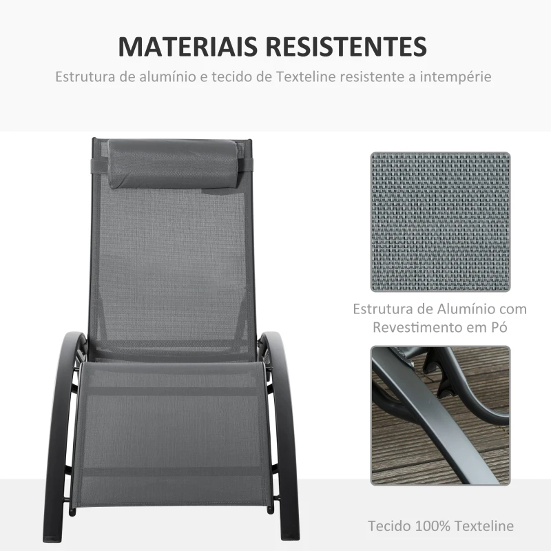 Outsunny Espreguiçadeira Reclinável com Encosto Ajustável em 5 Posições e Apoio de Cabeça Removível Acolchoado Alumínio Textilene para Varanda Terraço Jardim 171x64x82 cm Cinza
