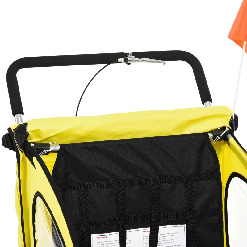 HOMCOM Reboque de Bicicleta 2 EM 1 para crianças de 2 lugares com Amortecedores Convertível em carrinho com barra e kit de corrida 129x85x105cm Amarelo