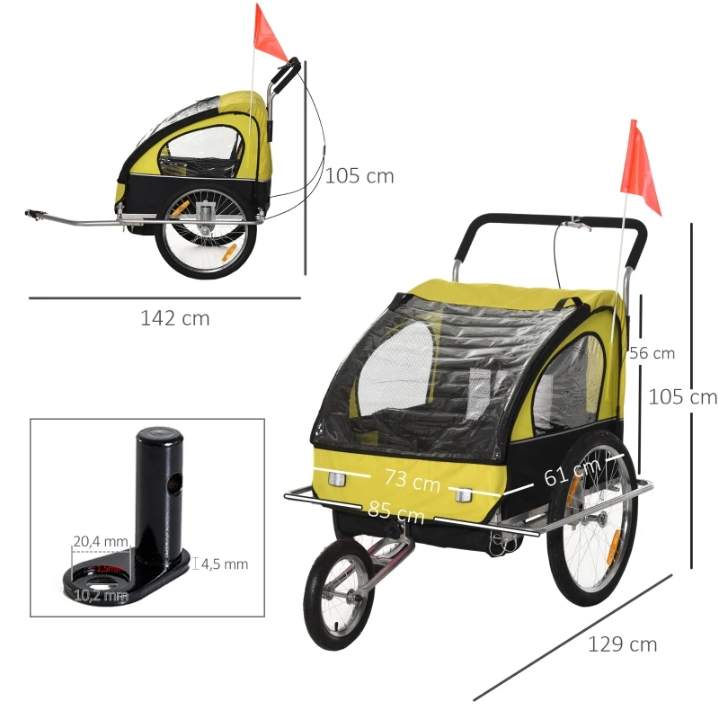 HOMCOM Reboque de Bicicleta 2 EM 1 para crianças de 2 lugares com Amortecedores Convertível em carrinho com barra e kit de corrida 129x85x105cm Amarelo