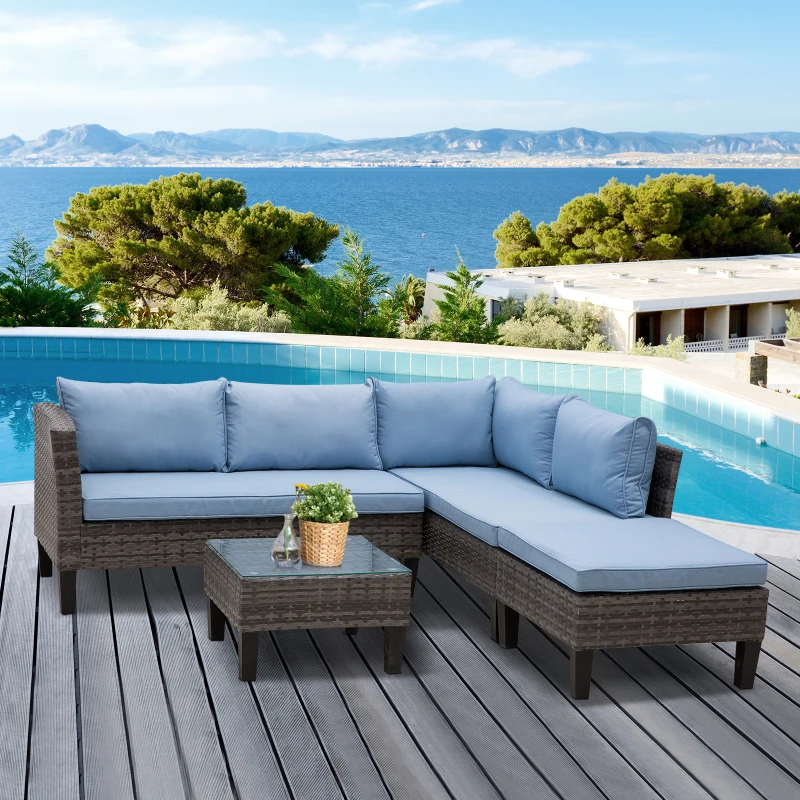 Outsunny Ensemble salon de jardin d'angle résine tressée 4 pièces 2 canapés 2 places + repose-pieds + table basse plateau verre trempé coussins lavables fournis métal 140 x 70 x 66 cm gris et bleu