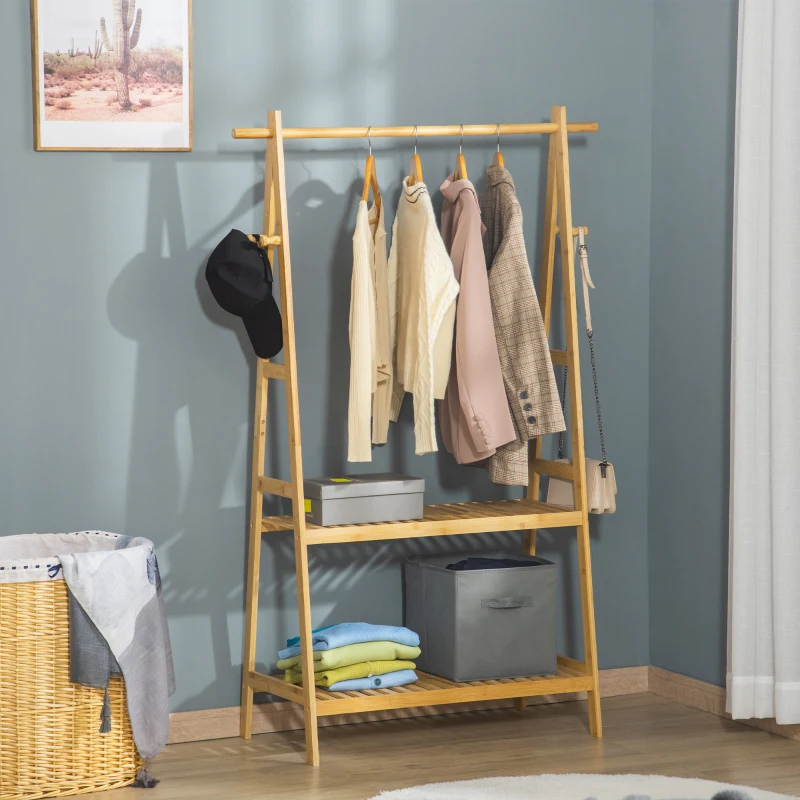 Suport pentru Umerase HOMCOM cu 2 Rafturi si 4 Carlige Laterale, Structura din bambus, 100L x 42l x 155lcm, Culoarea Lemnului