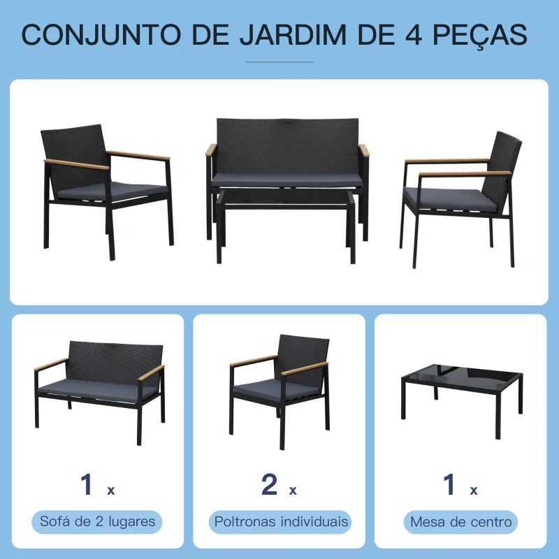 Outsunny Conjunto de Móveis de Vime e 4 Peças com Almofadas Acolchoadas 2 Poltronas 1 Sofá Duplo e Mesa de Centro Preto