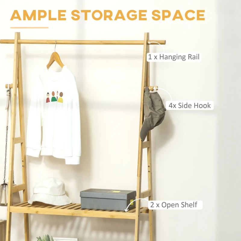 Suport pentru Umerase HOMCOM cu 2 Rafturi si 4 Carlige Laterale, Structura din bambus, 100L x 42l x 155lcm, Culoarea Lemnului