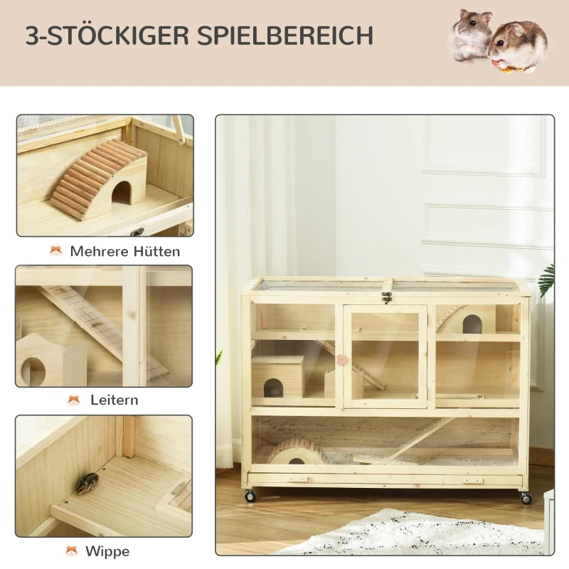 PawHut hamsterkooi knaagdierkooi 3 niveaus muizenkooi met 3 openingen 4 wielen drie verdiepingen vurenhout organisch glas naturel 110 x 60 x 80 cm