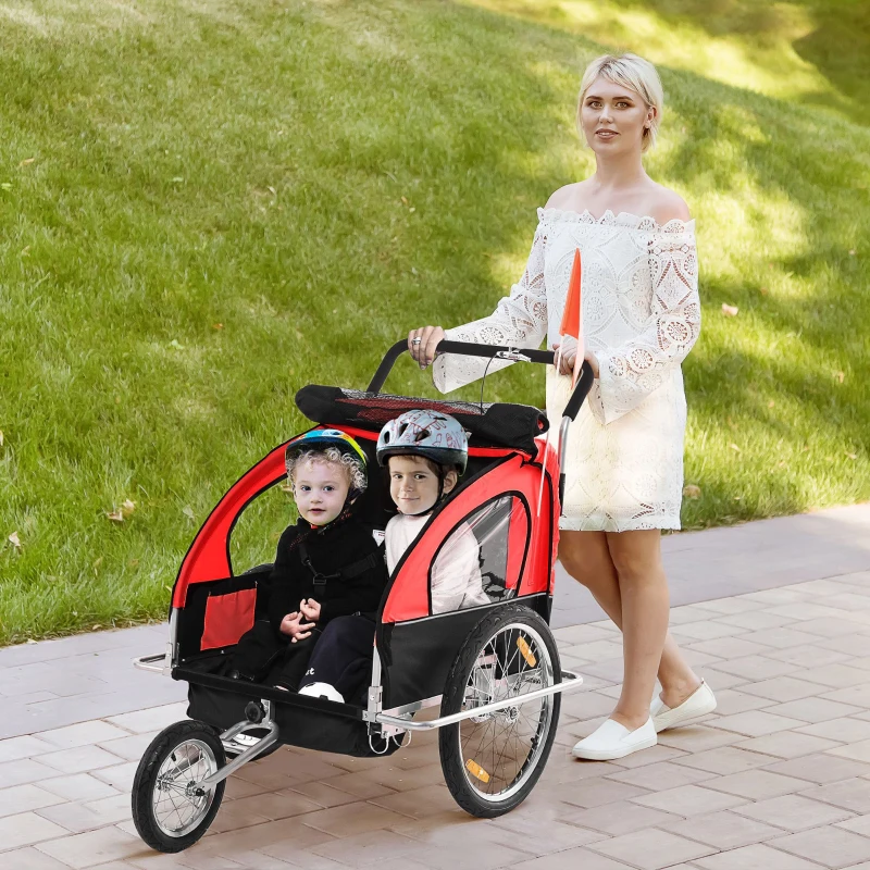 HOMCOM Reboque de Bicicleta 2 EM 1 para crianças de 2 lugares com Amortecedores Convertível em carrinho com barra e kit de corrida 129x85x105cm Vermelho