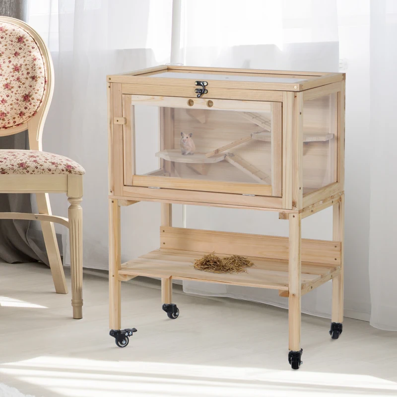 PawHut Hamsterkooi van hout kooi voor kleine huisdieren op wielen kooi muizenkooi plexiglas naturel